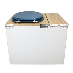 Toilette sèche en bois blanc/huilé avec bac intégré, abattant bleu, seau inox et bavette inox. Hauteur PMR 50 cm.