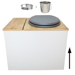 Toilette sèche en bois blanc/huilé avec bac intégré, abattant gris, seau inox et bavette inox. Hauteur PMR 50 cm.