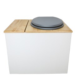 Toilette sèche en bois blanc/huilé avec bac intégré, abattant gris, seau inox et bavette inox. Hauteur PMR 50 cm.