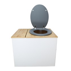 Toilette sèche en bois blanc/huilé avec bac intégré, abattant gris, seau inox et bavette inox. Hauteur PMR 50 cm.