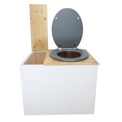 Toilette sèche en bois blanc/huilé avec bac intégré, abattant gris, seau inox et bavette inox. Hauteur PMR 50 cm.