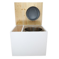 Toilette sèche en bois blanc/huilé avec bac intégré, abattant gris, seau inox et bavette inox. Hauteur PMR 50 cm.