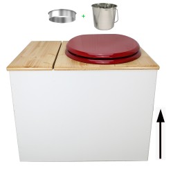 Toilette sèche en bois blanc/huilé avec bac intégré, abattant rouge, seau inox et bavette inox. Hauteur PMR 50 cm