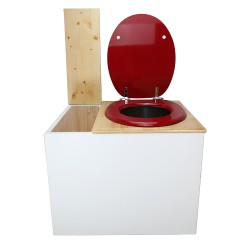 Toilette sèche en bois blanc/huilé avec bac intégré, abattant rouge, seau inox et bavette inox. Hauteur PMR 50 cm