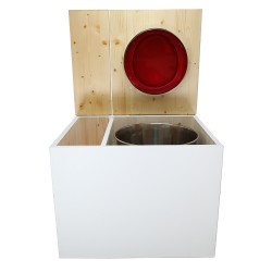 Toilette sèche en bois blanc/huilé avec bac intégré, abattant rouge, seau inox et bavette inox. Hauteur PMR 50 cm