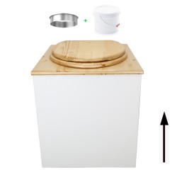 Toilette sèche en bois blanc/huilé avec seau plastique 22L, bavette inox, abattant bois huilé. Modèle rehaussé PMR
