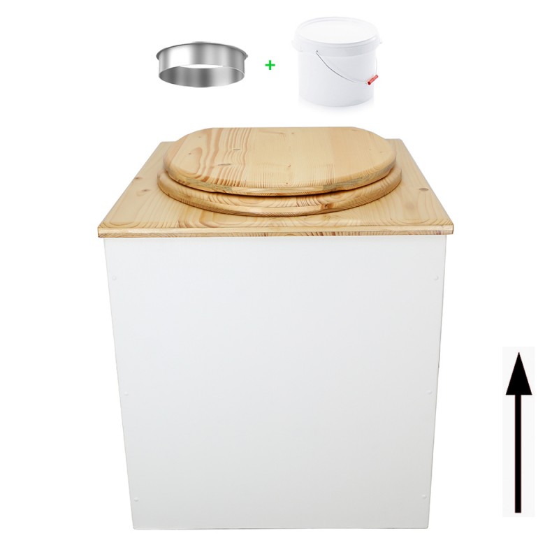 Toilette sèche en bois blanc/huilé avec seau plastique 22L, bavette inox, abattant bois huilé. Modèle rehaussé PMR