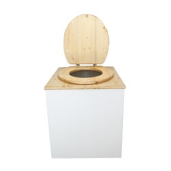 Toilette sèche en bois blanc/huilé avec seau plastique 22L, bavette inox, abattant bois huilé. Modèle rehaussé PMR