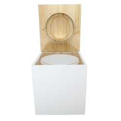 Toilette sèche en bois blanc/huilé avec seau plastique 22L, bavette inox, abattant bois huilé. Modèle rehaussé PMR