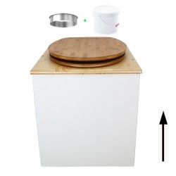 Toilette sèche en bois blanc/huilé avec seau plastique 22L, bavette inox, abattant bambou. Modèle rehaussé PMR