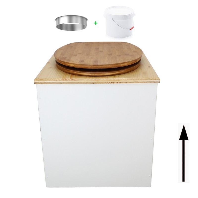 Toilette sèche en bois blanc/huilé avec seau plastique 22L, bavette inox, abattant bambou. Modèle rehaussé PMR
