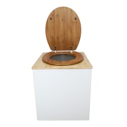 Toilette sèche en bois blanc/huilé avec seau plastique 22L, bavette inox, abattant bambou. Modèle rehaussé PMR