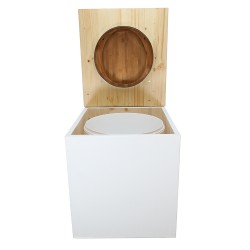Toilette sèche en bois blanc/huilé avec seau plastique 22L, bavette inox, abattant bambou. Modèle rehaussé PMR