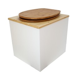 Toilette sèche en bois blanc/huilé avec seau plastique 22L, bavette inox, abattant bambou. Modèle rehaussé PMR