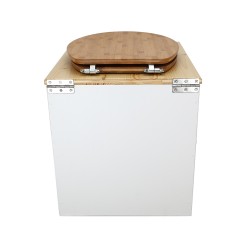 Toilette sèche en bois blanc/huilé avec seau plastique 22L, bavette inox, abattant bambou. Modèle rehaussé PMR