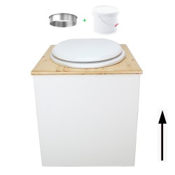 Toilette sèche en bois blanc/huilé avec seau plastique 22L, bavette inox, abattant blanc. Modèle rehaussé PMR