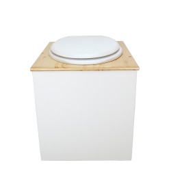 Toilette sèche en bois blanc/huilé avec seau plastique 22L, bavette inox, abattant blanc. Modèle rehaussé PMR