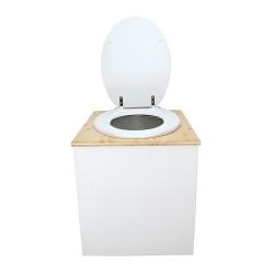Toilette sèche en bois blanc/huilé avec seau plastique 22L, bavette inox, abattant blanc. Modèle rehaussé PMR