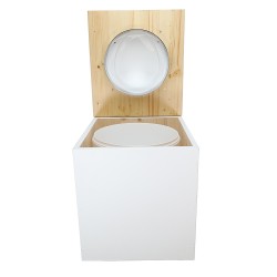 Toilette sèche en bois blanc/huilé avec seau plastique 22L, bavette inox, abattant blanc. Modèle rehaussé PMR