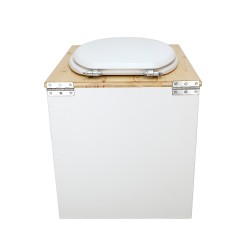 Toilette sèche en bois blanc/huilé avec seau plastique 22L, bavette inox, abattant blanc. Modèle rehaussé PMR