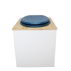 Toilette sèche en bois blanc/huilé avec seau plastique 22L, bavette inox, abattant bleu. Modèle rehaussé PMR