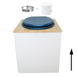 Toilette sèche en bois blanc/huilé avec seau plastique 22L, bavette inox, abattant bleu. Modèle rehaussé PMR