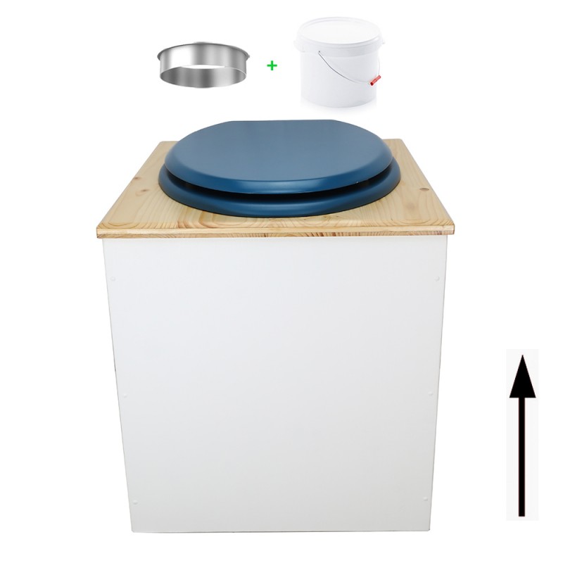 Toilette sèche en bois blanc/huilé avec seau plastique 22L, bavette inox, abattant bleu. Modèle rehaussé PMR