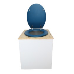 Toilette sèche en bois blanc/huilé avec seau plastique 22L, bavette inox, abattant bleu. Modèle rehaussé PMR