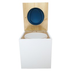 Toilette sèche en bois blanc/huilé avec seau plastique 22L, bavette inox, abattant bleu. Modèle rehaussé PMR