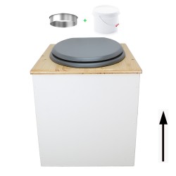 Toilette sèche en bois blanc/huilé avec seau plastique 22L, bavette inox, abattant gris. Modèle rehaussé PMR