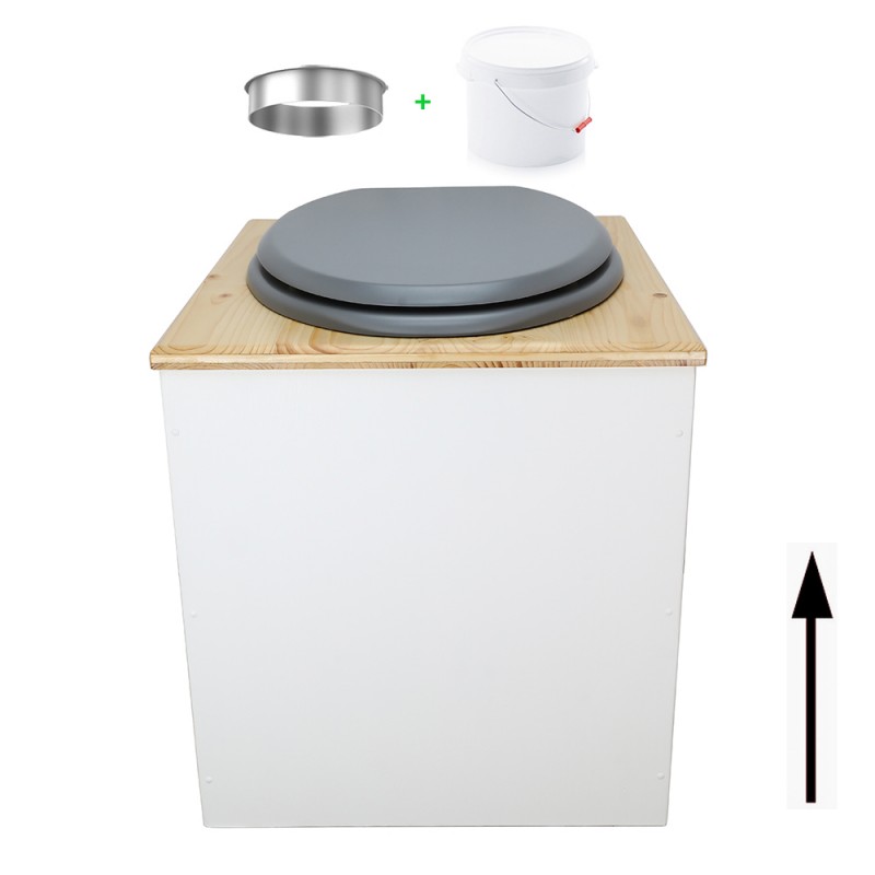 Toilette sèche en bois blanc/huilé avec seau plastique 22L, bavette inox, abattant gris. Modèle rehaussé PMR