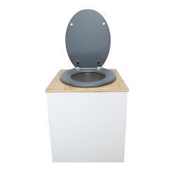Toilette sèche en bois blanc/huilé avec seau plastique 22L, bavette inox, abattant gris. Modèle rehaussé PMR