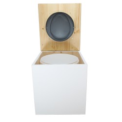 Toilette sèche en bois blanc/huilé avec seau plastique 22L, bavette inox, abattant gris. Modèle rehaussé PMR