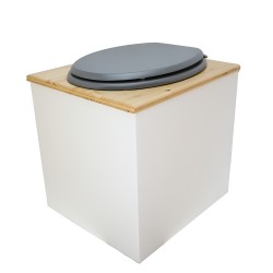 Toilette sèche en bois blanc/huilé avec seau plastique 22L, bavette inox, abattant gris. Modèle rehaussé PMR