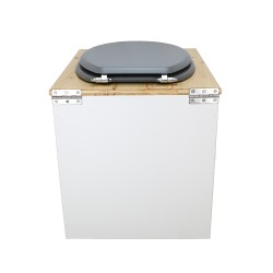 Toilette sèche en bois blanc/huilé avec seau plastique 22L, bavette inox, abattant gris. Modèle rehaussé PMR