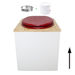 Toilette sèche en bois blanc/huilé avec seau plastique 22L, bavette inox, abattant rouge. Modèle rehaussé PMR