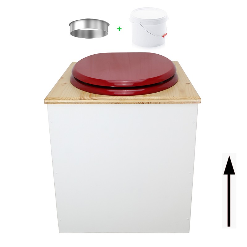 Toilette sèche en bois blanc/huilé avec seau plastique 22L, bavette inox, abattant rouge. Modèle rehaussé PMR
