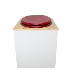 Toilette sèche en bois blanc/huilé avec seau plastique 22L, bavette inox, abattant rouge. Modèle rehaussé PMR