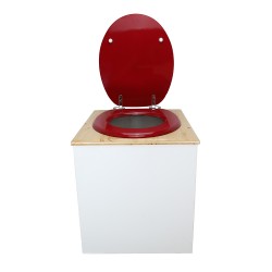 Toilette sèche en bois blanc/huilé avec seau plastique 22L, bavette inox, abattant rouge. Modèle rehaussé PMR