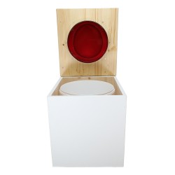 Toilette sèche en bois blanc/huilé avec seau plastique 22L, bavette inox, abattant rouge. Modèle rehaussé PMR
