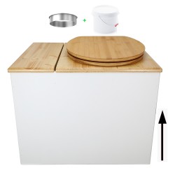 Toilette sèche en bois blanc/huilé avec bac intégré, avec bavette inox, seau 22L. abattant bambou. modèle rehaussé PMR