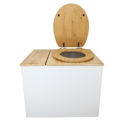 Toilette sèche en bois blanc/huilé avec bac intégré, avec bavette inox, seau 22L. abattant bambou. modèle rehaussé PMR