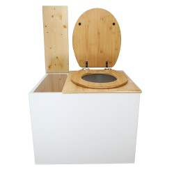 Toilette sèche en bois blanc/huilé avec bac intégré, avec bavette inox, seau 22L. abattant bambou. modèle rehaussé PMR