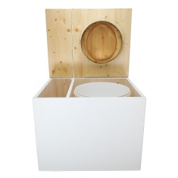 Toilette sèche en bois blanc/huilé avec bac intégré, avec bavette inox, seau 22L. abattant bambou. modèle rehaussé PMR