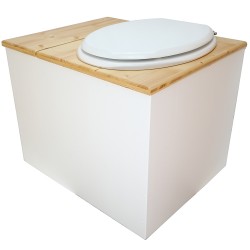Toilette sèche en bois blanc/huilé avec bac intégré. Livré avec bavette inox et seau 22L. abattant blanc. modèle rehaussé PMR