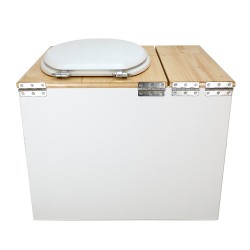 Toilette sèche en bois blanc/huilé avec bac intégré. Livré avec bavette inox et seau 22L. abattant blanc. modèle rehaussé PMR