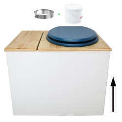Toilette sèche en bois blanc/huilé avec bac intégré, avec bavette inox et seau 22 litres. abattant bleu. modèle rehaussé PMR