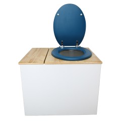Toilette sèche en bois blanc/huilé avec bac intégré, avec bavette inox et seau 22 litres. abattant bleu. modèle rehaussé PMR