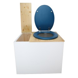 Toilette sèche en bois blanc/huilé avec bac intégré, avec bavette inox et seau 22 litres. abattant bleu. modèle rehaussé PMR