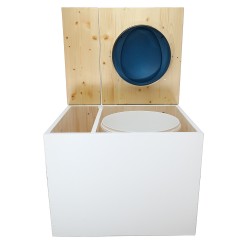 Toilette sèche en bois blanc/huilé avec bac intégré, avec bavette inox et seau 22 litres. abattant bleu. modèle rehaussé PMR